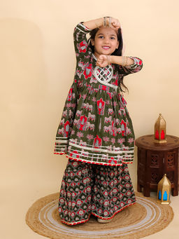 The Mom Store - Green Printed Regular Anarkali Kurta and Sharara (Set of 2)