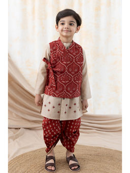 TIBER TABER - Maroon Floral Regular Kurta with Jacket and Dhoti (Set of 3)