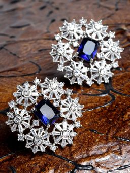 Karatcart - Silver Tone Blue Floral American Diamond Drop Earrings for Women
