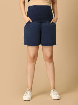 The Mom Store - Blue Maternity Knit Denim Shorts with Belly Support -Dark Wash