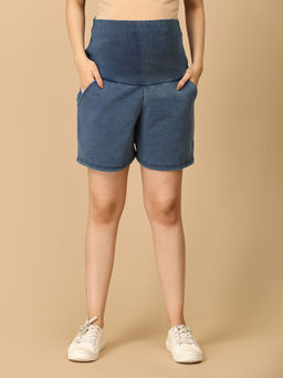 The Mom Store - Blue Maternity Knit Denim Shorts With Belly Support -Light Wash