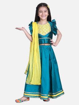 BownBee - Taffeta Booti Patch Lehenga Choli- Blue (Set of 3)