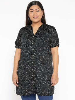 theRebelinme - Plus Size Womens Black Dot Printed Longline Casual Shirt