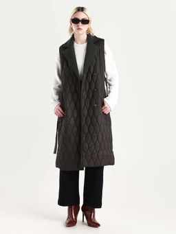 RAREISM - Womens Lonpuf Olive Polyester Fabric Lapel Collar Plain Winter Coat
