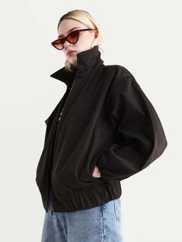 RAREISM - Womens Nacam Dark Grey Polyester Fabric Collared Neck Relaxed Plain Bomber Jacket