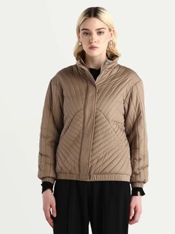 RAREISM - Womens Nepuf Beige Polyester Bishop Sleeve Crew Neck Regular Fit Plain Puffer Jacket