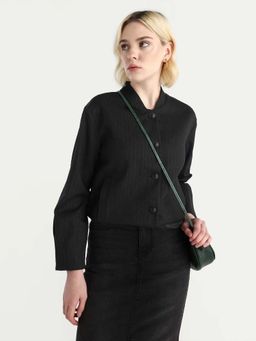 RAREISM - Womens Nestri Black Polyester Mandrin Collar Regular Fit Plain Winter Jacket