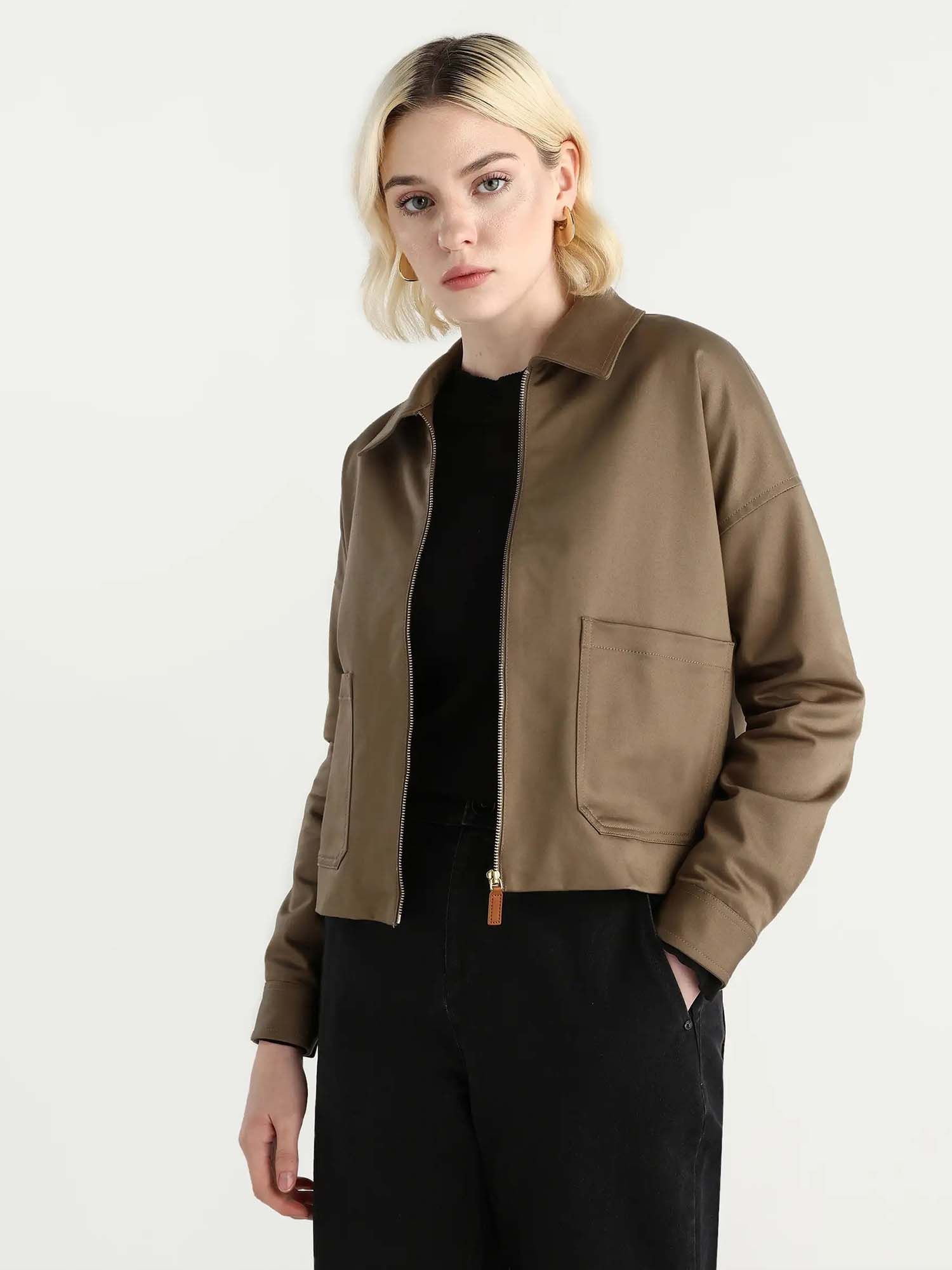 rareism Womens Nicolin Khaki Cotton Blend Spread Collar Relaxed Fit Bomber Jacket-picture-33
