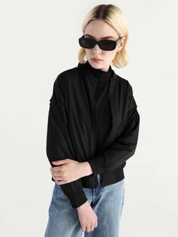RAREISM - Womens Nifreen Black Polyester Fabric Rib Collar Boxy Plain Bomber Jacket