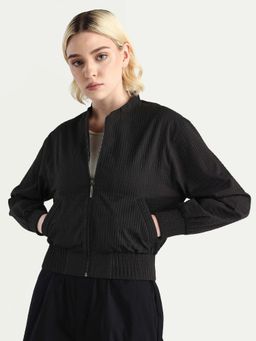 RAREISM - Womens Omri Black Polyester Mandrin Collar Regular Fit Plain Bomber Jacket