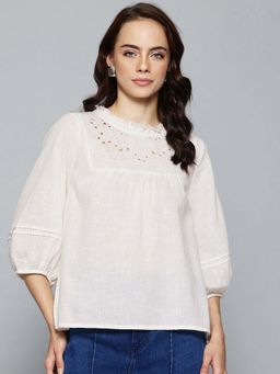 Scoup - Off White Solid A-Line Pure Cotton Top