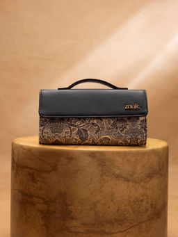 Zouk - Beige Printed Jute Clutch and Detachable Strap