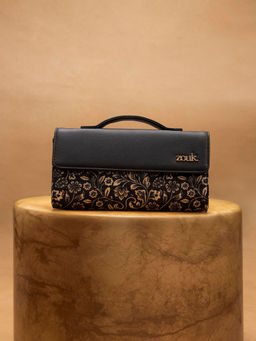 Zouk - Black Printed Jute Clutch and Detachable Strap
