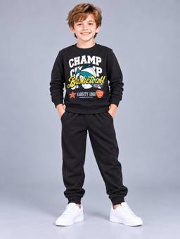 PLUM TREE - Boys Premium Soft Cotton Full Sleeves Sweatshirt and Joggers - Black