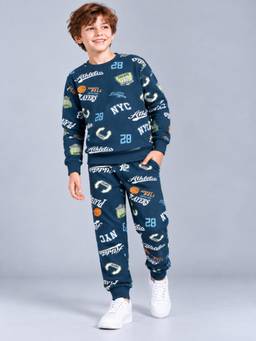 PLUM TREE - Boys Premium Soft Cotton Full Sleeves Sweatshirt and Joggers - Navy Blue