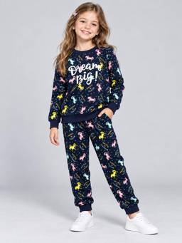 PLUM TREE - Girls Premium Soft Cotton Full Sleeves Sweatshirt and Joggers - Navy Blue