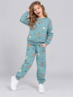 PLUM TREE - Girls Premium Soft Cotton Full Sleeves Sweatshirt and Joggers - Teal