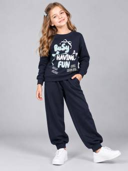 PLUM TREE - Girls Premium Soft Cotton Full Sleeves Sweatshirt and Joggers - Navy Blue