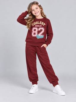 PLUM TREE - Girls Premium Soft Cotton Full Sleeves Sweatshirt and Joggers - Burgundy
