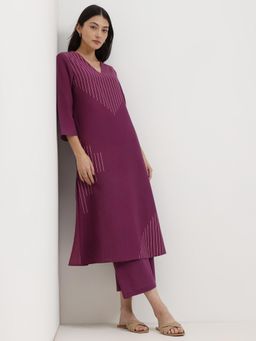 Pink Fort - Cotton Geometric Print Kurta With Pant - Purple