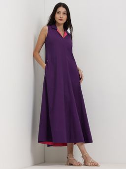 Pink Fort - Cotton Solid A-Line Dress - Purple