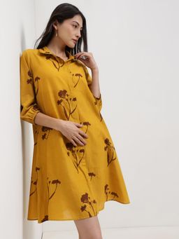 Pink Fort - Cotton Floral A-Line Shirt Dress - Yellow and Brown