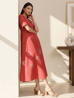 Pink Fort - Cotton Bandhani A-Line Dress - Red