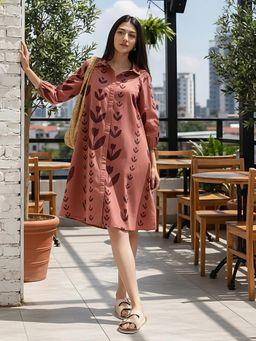 Pink Fort - Cotton Floral A-Line Shirt Dress - Pink