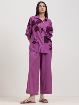Pink Fort - Cotton Floral Shirt Purple Co-Ord Set