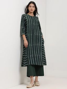 Pink Fort - Pure Cotton A-Line Three Fourth Sleeve Green Striped Kurta with Pant