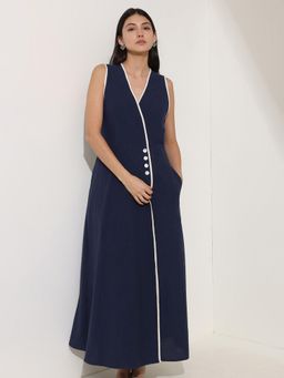 Pink Fort - Linen Blend Navy Blue A-Line V-Neck Solid Maxi Dress