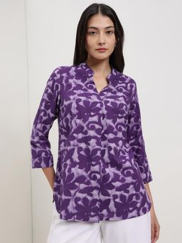 Pink Fort - Women Purple Cotton Floral Regular Fit Tops