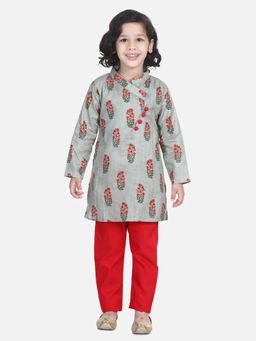 BownBee - Floral Print Cotton Kurta Pyjama- Gray (Set of 2)