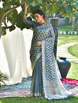Odette - Grey Tussar Silk Heavy Jamdani Saree with Unstitched Blouse