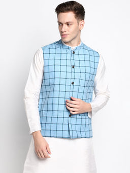 Devoiler - Men Blue Checked Woven Pure Cotton Nehru Jacket