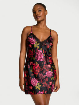 Victoria's Secret - Black Very Sexy Satin Rose Lace-Trim Mini Slip Dress