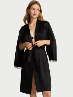 Victoria's Secret - Black Very Sexy Satin Rose Lace-Trim Midi Robe with Belt