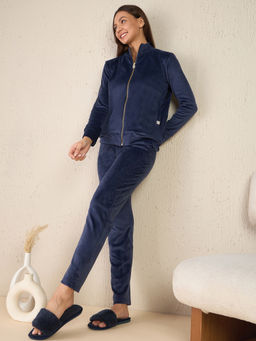 Sweet Dreams - Navy Blue Solid Velour Spandex Sweatshirt & Pyjama
