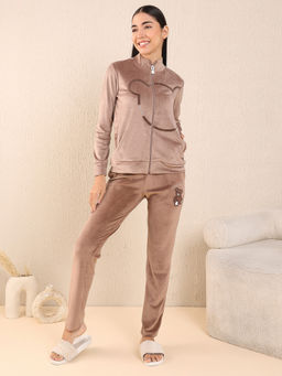 Sweet Dreams - Brown Solid Velour Spandex Sweatshirt & Pyjama