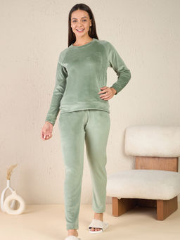Sweet Dreams - Green Solid Velour Spandex Sweatshirt & Pyjama