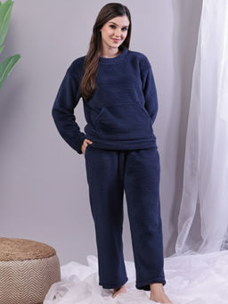 TAG 7 - Navy Blue Fur Winter Round Neck Sweatshirt with Pant