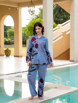 SAY - Blue Pure Cotton Collar Neck Shirt & Pyjama