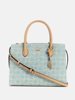 Guess - Denim Logo Textured Berlyn Satchel Bag with Detachable Strap (L)