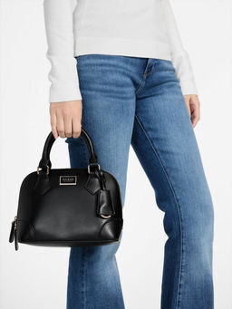 Guess - Black Solid Balgaire Dome Satchel Bag with Detachable Strap