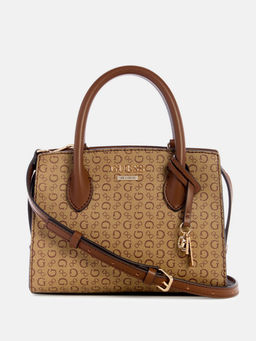 Guess - Mocha Monogram Berlyn Satchel Bag with Detachable Strap