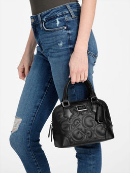 Guess - Black Textured Balgaire Dome Satchel Bag with Detachable Strap
