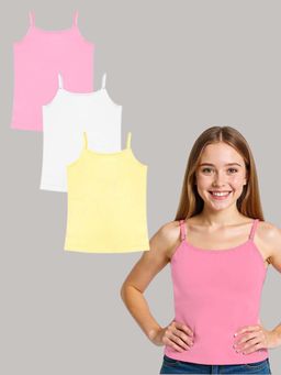 A.T.U.N. - Girls Pink, White and Yellow Cotton Padded Camisole (Pack of 3)