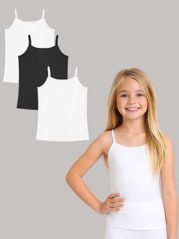 A.T.U.N. - Girls White and Black Cotton Stretchable Camisole Slip (Pack of 3)