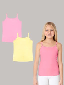 A.T.U.N. - Girls Pink and Yellow Cotton Stretchable Camisole Slip (Pack of 2)
