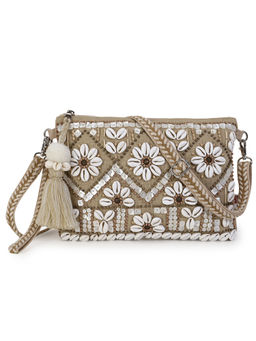 Anekaant - Boho Beige & White Cotton Jute & Canvas Boho Embellished Sling Bag